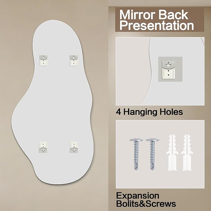 Niccy 48"×24" Frameless Cloud Full Length Mirrors, Long Wall-Mounted Mirror for Living Room, Large Full Body Mirror, Explosion-Proof Tall Hanging-Mirror for Bathroom Bedroom Entryway Decor