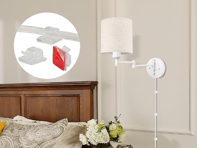 GOODATE Plug in Wall Sconces with Remote Control, Dimming, Adjustable Colors 2700K-6500K, Hardwire or Plug-in, Swing Arm Wall Lamp with Linen Fabric Shade, Wall Sconces Set of Two, White Finish