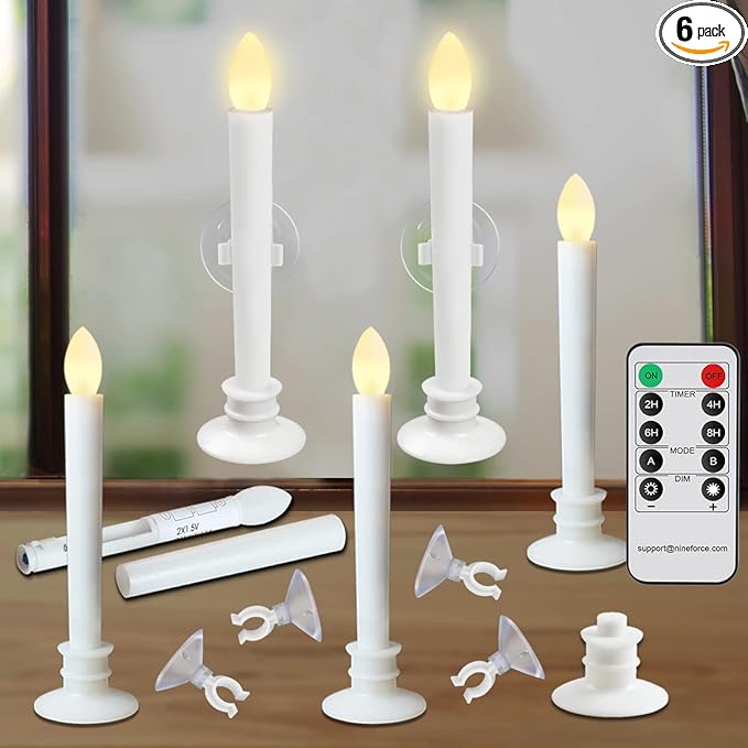 6 Pack Flameless Taper Candles with Remote/Timer & Suction Cup, Battery Operated Flickering LED Window Candles, Vintage Christmas Electric Fake Candlesticks, White Holder