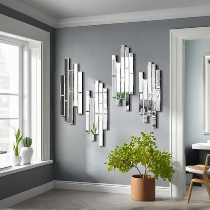 Artisan Set of 4 Silver Beveled Wall Decor Mirrors - 24x8 Inch Each, Creative Combination Design for Modern & Farmhouse Home Decor, Shatter-Resistant Glass with Wood Backing