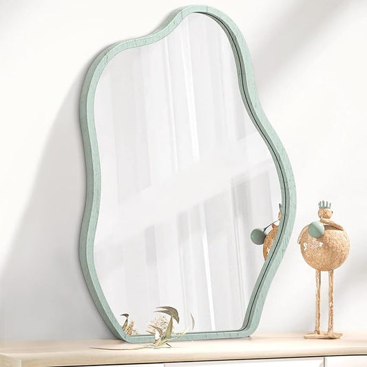 Irregular Wooden Framed Mirror for Wall Modern Artistic Asymmetrical Mirror Unique Shape Cloud Hanging Wall Mirrors Decor Bathroom Vanity Bedroom Living Room Entryway Hallway Green