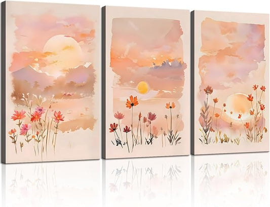 Eysintum 3 Panel Sunset Wall Art Wildflower Canvas Print Pink Floral Nature Landscape Painting Watercolor Boho Wall Decor for Bedroom Living Room 16x24in Ready to Hang
