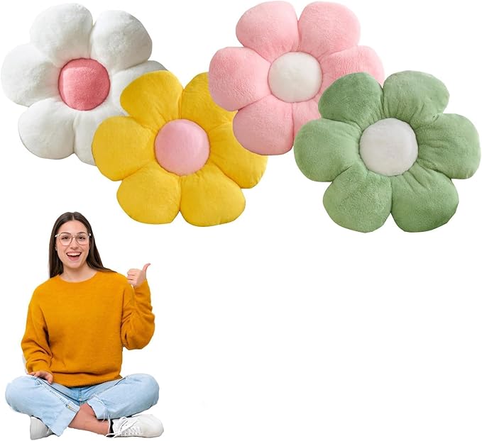 CANGHI Flower Pillows Flower Shaped Throw Pillow Cute Daisy Pillows Seating Cushions for Adults Kids Home Bedroom Sofa Chair Couch Decor (4pcs White/Pink/Yellow/Green, 15.74 inch)