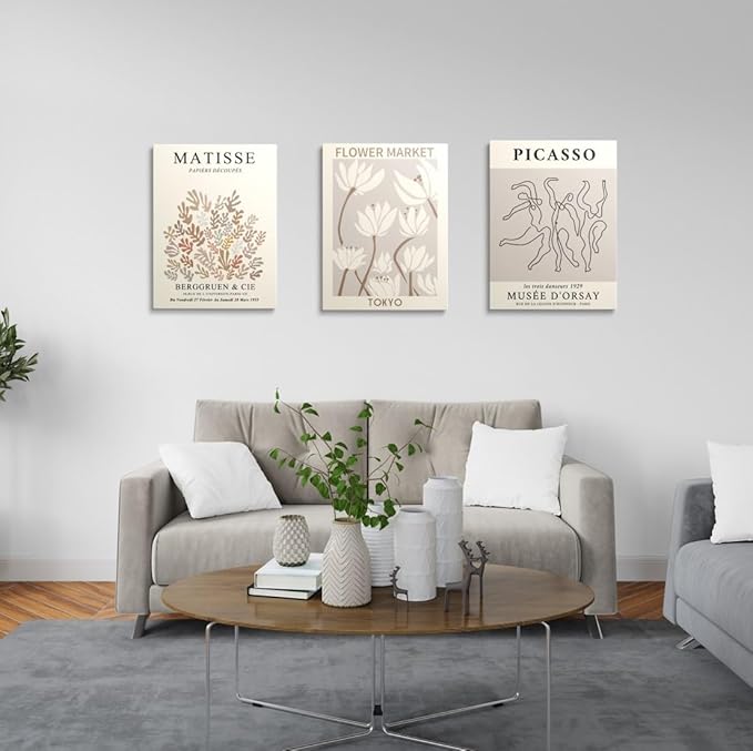MINI ZOZI Matisse Wall Art Framed Flower Market Prints 12x16 3PCS Picasso Wall Decor Large Canvas Beige Posters Trendy Funky Aesthetic Abstract Line Minimalist Poster Danish Pastel Painting Bedroom Printing Neutral