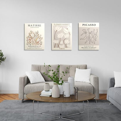 MINI ZOZI Matisse Wall Art Framed Flower Market Prints 12x16 3PCS Picasso Wall Decor Large Canvas Beige Posters Trendy Funky Aesthetic Abstract Line Minimalist Poster Danish Pastel Painting Bedroom Printing Neutral