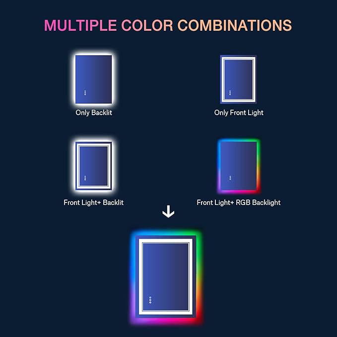 24x32 inch LED Bathroom Mirror RGB Color Changing Backlit Mirror Shatterproof Dimmable Anti-Fog Vanity Mirror with Double Lights (RGB Multicolor Backlit + Adjustable Front-Lighted)