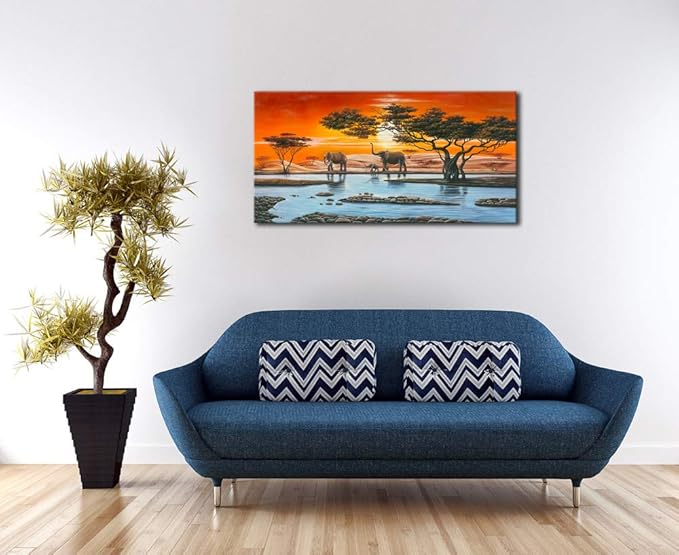 Wieco Art African Elephants Giclee Canvas Prints Wall Art Modern Extra Large African Landscape Animals Paintings Reproduction Pictures Artwork for Living Room Home Decorations
