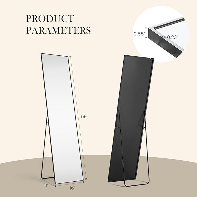 NEWBULIG Mirror Full Length, 16"x59" Body Wall Mirrors with Shatter-Proof Glass, Upgraded Floor Standing Mirror, Hanging or Leaning, with Stand Aluminum Alloy Frame for Home Decor, Bedroom, Black