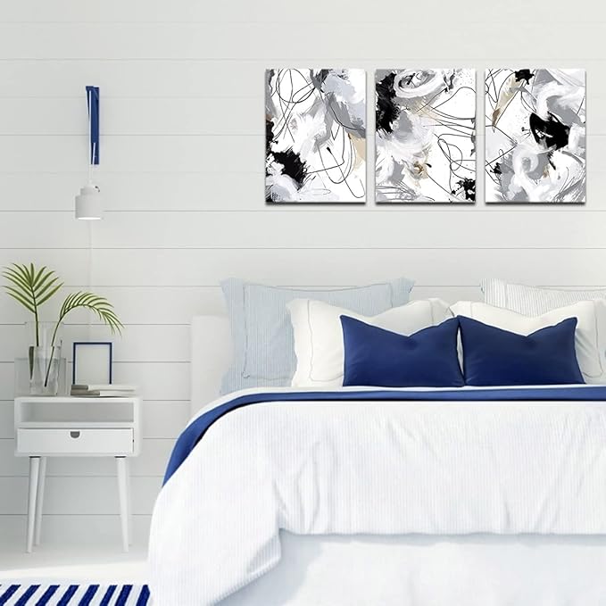 Abstract Canvas Wall Art for Bedroom Bathroom Living Room Wall Decor Black White Grey Modern Abstract Canvas Pictures Abstract Prints Artwork Home Office Wall Decoration 12" x 16" x 3 Pieces