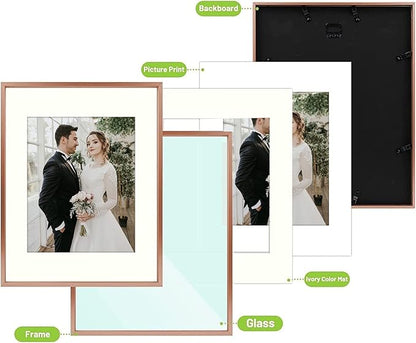 Golden State Art, Picture Frame Set 7 Pack, Gallery Wall Frame with One 11x14, Two 8x10, and Four 5x7. Aluminum Photos Frame for Wall or Tabletop Display (Style 1, Rose Gold, 7 Pack)