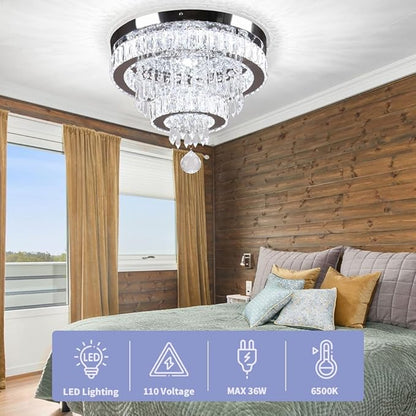 16" Crystal Chandeliers LED Crystal Ceiling Light Fixtures Flush Mount Ceiling Light Modern Chandelier Lights for Living Room Bedrooms Dining Room (6500K Cool White)
