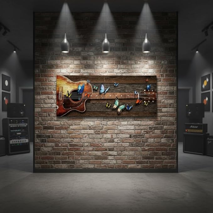 sechars Acoustic Guitar Wall Art Guitar with Butterflies Painting Canvas Print Vintage Music Room Decor Large 20"x48"