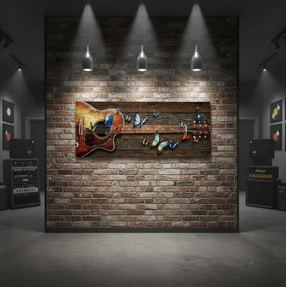 sechars Acoustic Guitar Wall Art Guitar with Butterflies Painting Canvas Print Vintage Music Room Decor Large 20"x48"