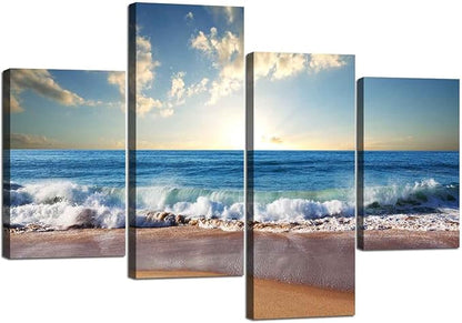 Beautiful Sunrise Beach Ocean Wave Pictures Wall Art for Living Room Home Decor Framed Stretched Modern Landscape Seascape Painting on Canvas 4 PCS Combination (40" W x 28" H)