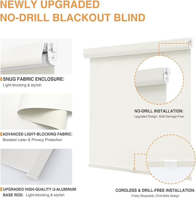 AOSKY No Drill Cordless Blackout Roller Shades with Valance,Customize Blinds for Indoor Windows,Room Darkening Window Shades Pull Down with Free-Stop Spring System, UV Protection for Home Ivory