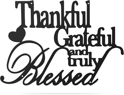 Hppybiry Thankful Grateful Blessed Wall Decor Black Metal Wall Art Thankful Grateful and Truly Blessed Sign Home Decor Entryway Living Room Decoration Signs - 24 Inches