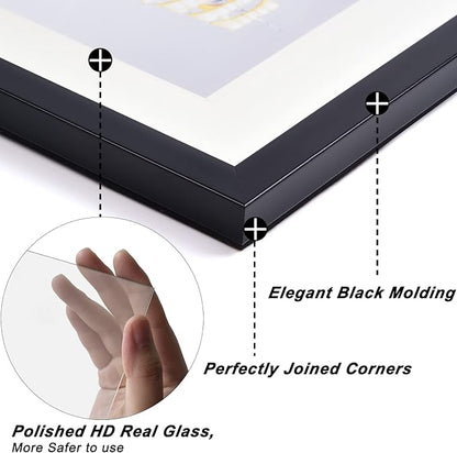 Yaetm 11x14 Double Floating Mat Picture Frame Set of 4, Display Picture 8x10 with White Double Mat, Polished High Definition Real Glass, Wall Mounting Photo Frames, Black/White, 4 Pack