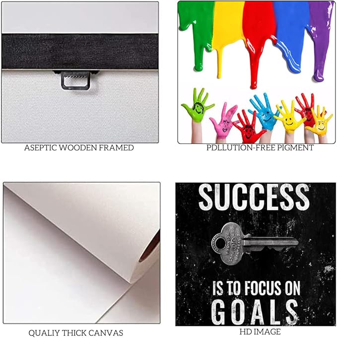 Inspirational Framed Office Canvas Wall Art Motivational Quote The Key to Success Is to Focus on Goals Not Obstacles Artwork Wall Pictures HD Print for Living Room Bedroom Easy to Hang-12x16 inches