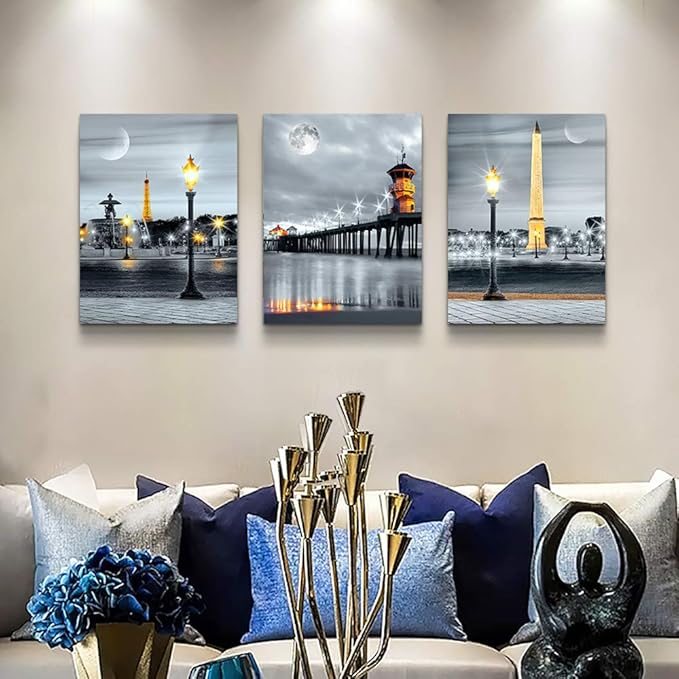Lapremoly Large Wall Art for Living Room Modern Framed Canvas Wall Decor for Bathroom Family Bedroom Wall Decorations Night View Paintings Kitchen Canvas Art Hang Pictures Artwork 3 Pieces Poster