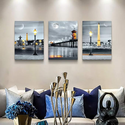 Lapremoly Framed Canvas Wall Art for Living Room Modern Large Wall Decor for Bathroom Family Bedroom Wall Decorations Night View Paintings Kitchen Canvas Art Hang Pictures Artwork 3 Pieces Poster