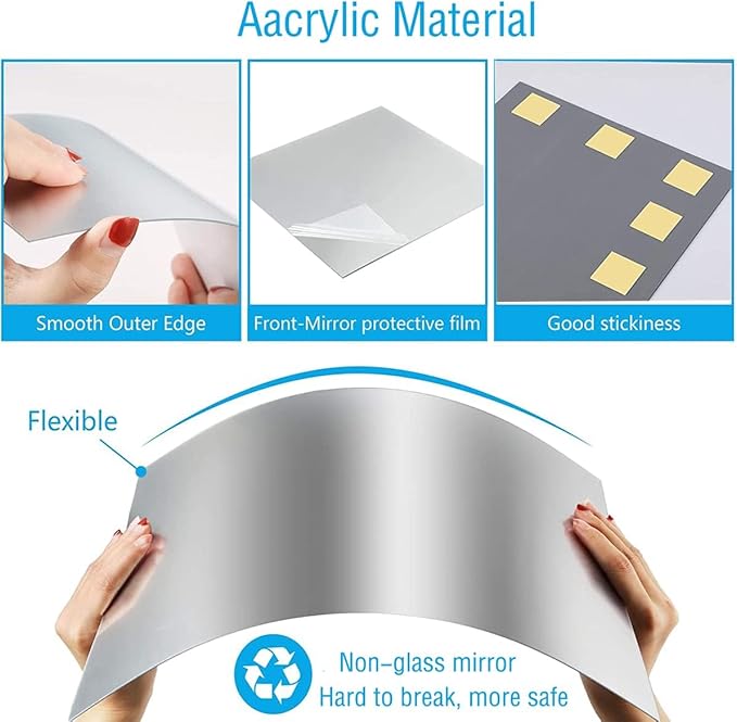 16"x12" Acrylic Mirror Sheet, Flexible Non Glass Body Mirror Tiles Large Self Adhesive Mirror Stickers for Bathroom Bedroom Home Wall Decor (2pcs)
