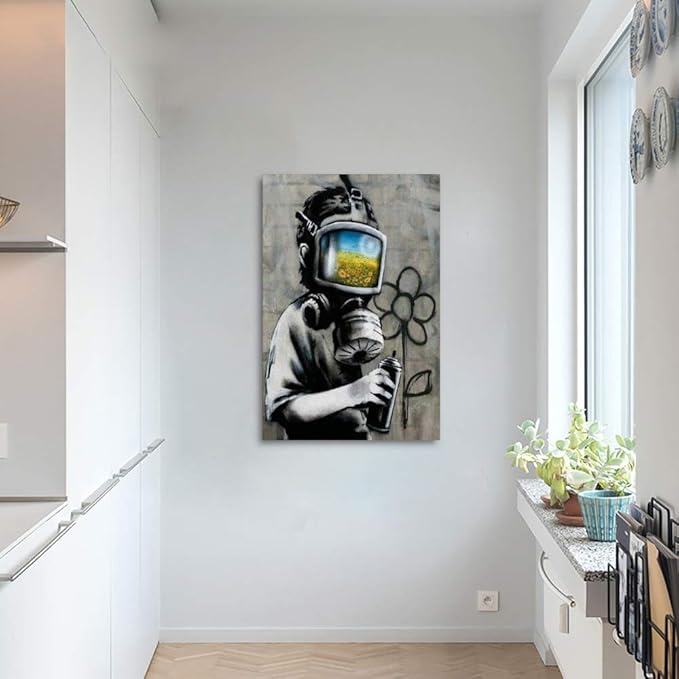 Yatsen Bridge Banksy Wall Art, Boy Wearing a Gas Mask Canvas Picture Art Print, Modern Home Decor for Living Room Bedroom Pop Framed Artwork Ready to Hang - 24x36 inch