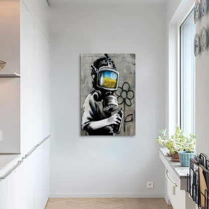 Yatsen Bridge Banksy Wall Art, Boy Wearing a Gas Mask Canvas Picture Art Print, Modern Home Decor for Living Room Bedroom Pop Framed Artwork Ready to Hang - 24x36 inch