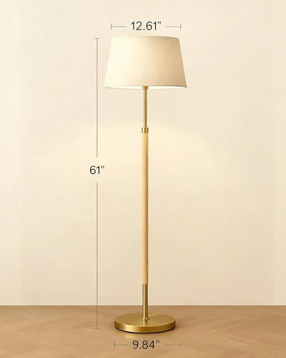 JOOFO Mid-Century Modern Wood Floor Lamp with Dual Fabric Shade, Remote Control, Dimmable & Adjustable Color Temperature, Reading & Living Room Lamp, Easy Clean Cover, Foot Switch,Natural Wood