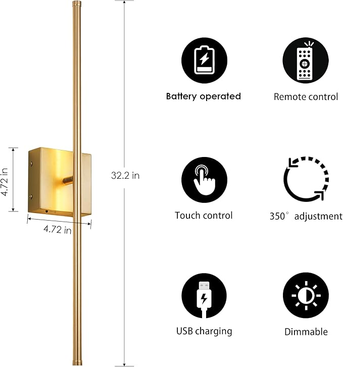 KARTOOSH Battery Operated Wall Sconces with Remote Control, Dimmable Wall Sconces Set of Two, 350°Rotate, 3000K LED Gold Wireless Wall Light for Living Room, Hallway, Bedroom, 32.2 Inch (2 Pack)