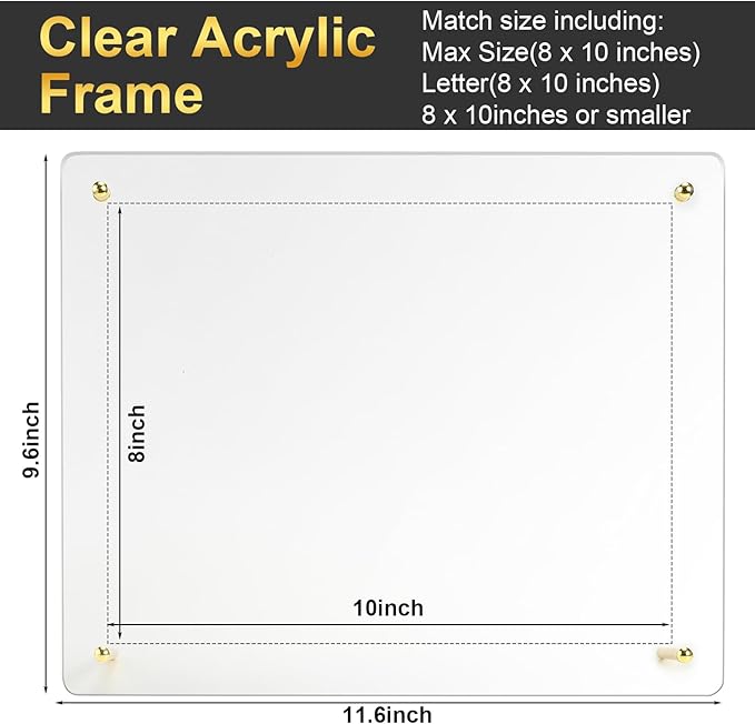 Thyle 8 Pcs Acrylic Photo Frame 8x10'' Clear Floating Picture Frame Frameless Photo Display Memories Photography Poster Frames Tabletop or Hanging Wall Mount for Family Wedding Wall Art (Gold)