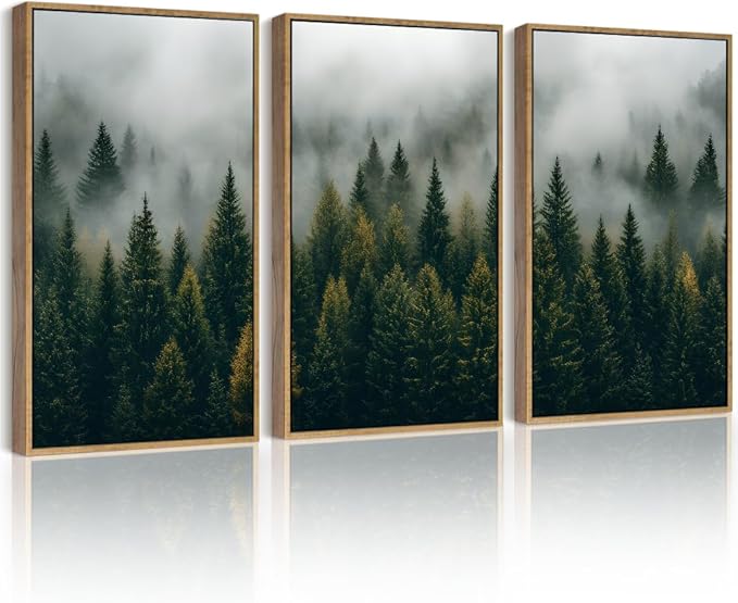 Drsoum Fog Pine Tree Landscape Wall Art Framed Nature Misty Nordic Forests Prints Morden Farmhouse Rustic Artwork Hallway Bathroom Ready to Hang 12x16in Natural Framed