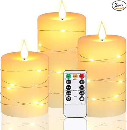 Upinmz Flickering Flameless Candles with Embedded String Lights, Battery Operated Candles with Remote Control and Timer,LED Candles for Home Decoration,Real Wax,3 Pack Ivory