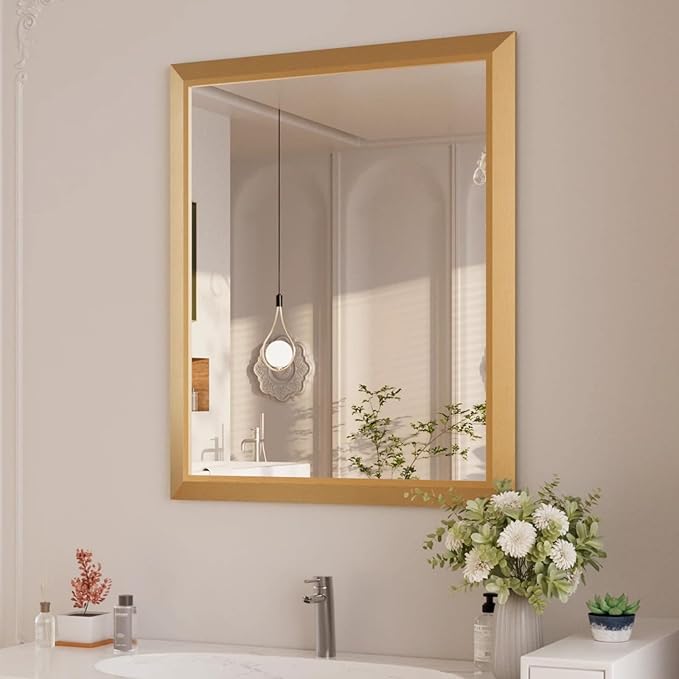 Amorho 30x36 Inch Bathroom Mirror, Gold Thick Metal Framed Wall Mirrors for Over Sink, Wall-Mounted Mirrors Perfect for Bedroom, Living Room, Entryway, Rectangle (Horizontal/Vertical).