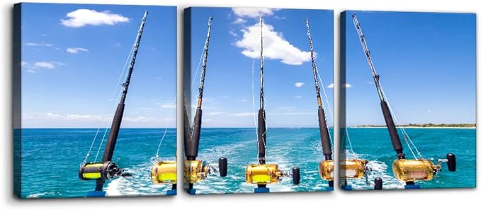 3 Pieces Canvas Wall Art Row of Five Fishing Rod and Reel Pictures Blue Seascape Wall Paintings for Living Room Bedroom Fishing Tackle Artwork HD Prints Modern Home Decor Framed - 12"x16"x3 Panel