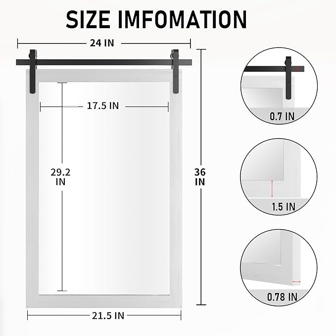 Farmhouse Bathroom Mirror, White Rustic Square Mirror for Wall Wood Framed Vanity Mirrors, Barn Door Style Decor Living Room Entryway Bedroom Mirrors, 24x36INCH (Hanging/Leaning)