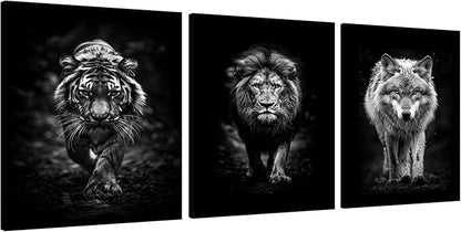Black and White 3 Panles Pianting Wall Art Modern Home Office Decoration Animals Pictures Wall Decor Lion Tiger Wolf Posters Canvas Prints Art Living Room Decor, Framed 24" Wx36 Hx3pcs
