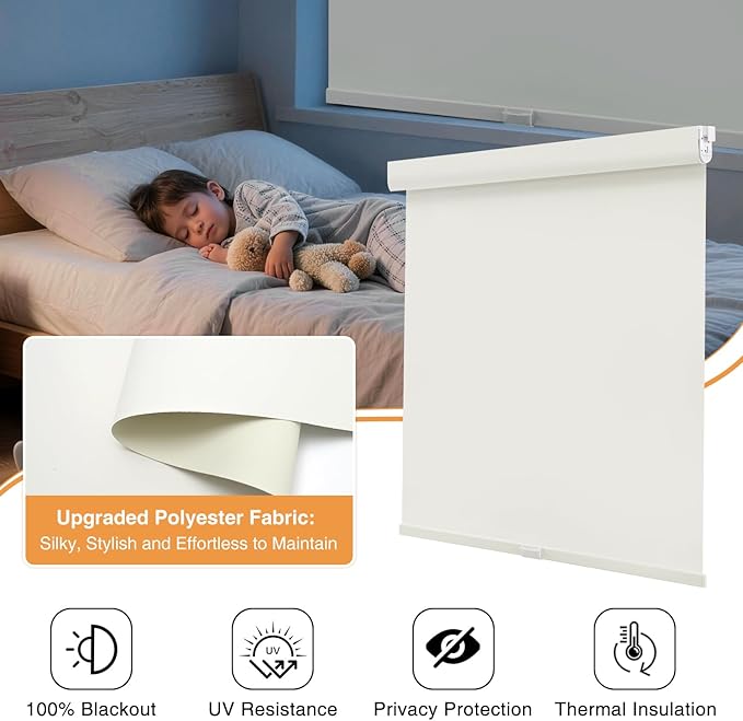 AOSKY No Drill Cordless Blackout Roller Shades with Valance,Customize Blinds for Indoor Windows,Room Darkening Window Shades Pull Down with Free-Stop Spring System, UV Protection for Home Ivory