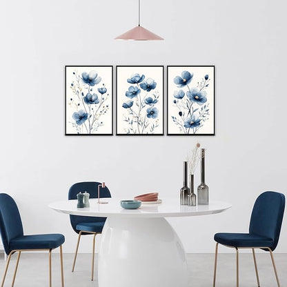 okudolit Navy Blue Wildflower Framed Canvas Wall Art Set Of 3 Flowers Pictures Prints Flowers Printing Floral Watercolors Flower wall Decor Living Room Bedroom Dinning Room Farmhouse Office-16 x24in