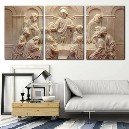 3 Pieces Canvas Wall Art Picture The Last Supper Sculpture Style Paintings on Canvas 12 Apostles Modern Artwork for Home Decor Framed Gallery-wrapped Stretched Ready to Hang - 20"x28"x3 Panels
