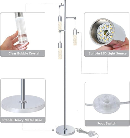 Bubble Crystal Floor Lamps for Living Room, Industrial Modern Standing Lamp with 3 Built-in LED Lights, ON/Off Foot Switch, 65IN Tall Tree Floor Lamp for Bedroom Corner Home Office, Silver