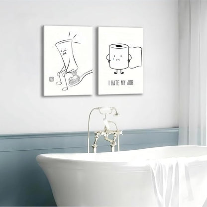 Framed Funny Bathroom Wall Art Set of 2,Black and White Cartoon Toilet Humor Canvas Prints,Cute Toothpaste and Toilet Paper Painting Pictures,Modern Minimalist Bathroom Decor for Home Restroom 12x16IN