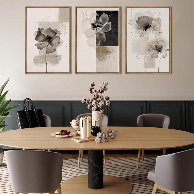 IARTTOP Framed Black Neutral Large Wall Art 16x24 Inch White Beige Abstract Floral Canvas Wall Decor Modern Minimalist Flower Paintings for Living Room Bedroom Dining room Set of 3