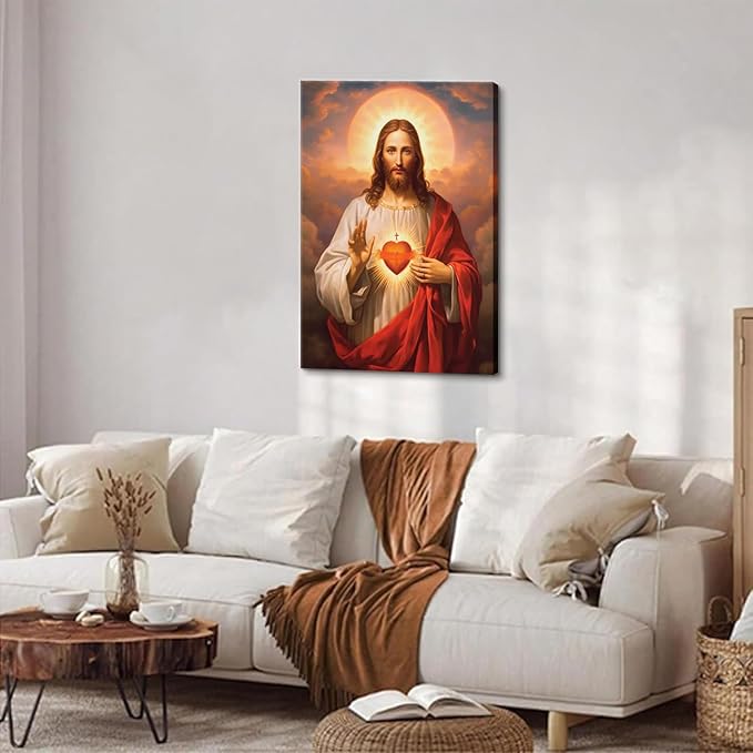 Sacred Heart of Jesus Canvas Wall Art Divine Mercy Painting Picture Wall Decor Religious Christ Jesus Portrait Poster Prints Artwork for Dining Living prayer Room Bedroom Home Decor 24x36in canvas
