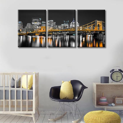 TUMOVO Pittsburgh Pennsylvania Cityscape Home Decor Art Prints Ninth Street Bridge Allegheny River Pictures Bathroom Decor Wall Art 3 Panel Artwork Framed Ready to Hang (36" Wx16 H)