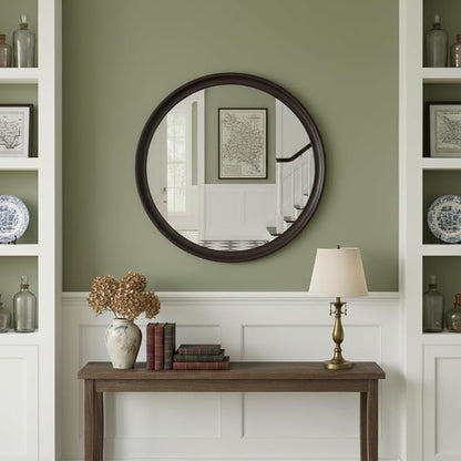 Round Wood Mirrors 30 Inch,Rustic Decorative Transitional Dark Walnut Wall Mirror with Wood Grain for Bathroom,Farmhouse Hanging Vanity Mirror for Entryway Living Room or Bedroom