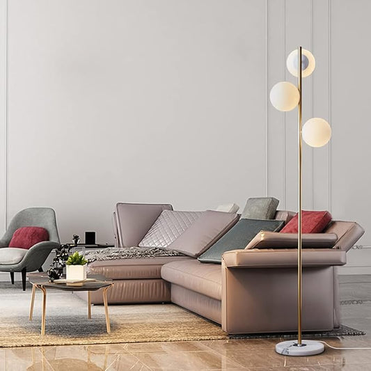 BOKT Modern 3-Lights Globe LED Floor Lamp Mid Century Brushed Gold Tall Standing Light Frosted White Glass Sphere Standing Lamp Traditional Anti Brass Corner Freestanding Lamp