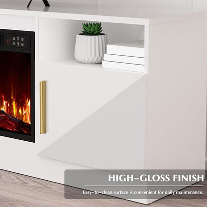 Lemberi Fireplace TV Stand with 36" Electric Fireplace, Fits TVs Up to 80", 70" LED Lit Entertainment Center, Modern High Gloss Wood with Spacious Storage Cabinet for Living Room, White