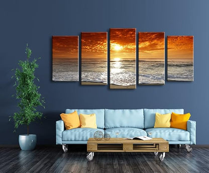 Wieco Art Grand Sight Extra Large 5 Panels Modern Landscape Artwork HD Seascape Giclee Canvas Prints Sea Beach Pictures to Photo Paintings on Canvas Wall Art for Home Decorations Wall Decor