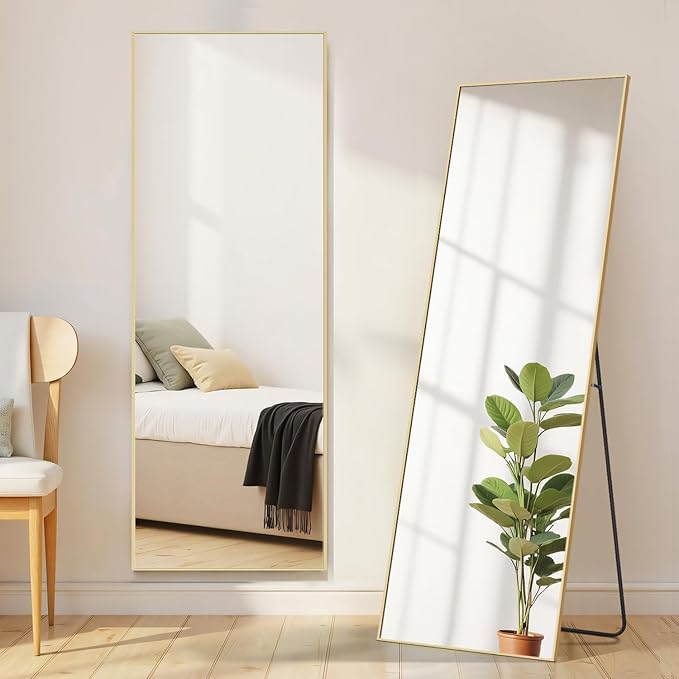 Full Length Floor Mirror, 15.75"x59" Full Body Standing Mirrors with Shatter-Proof Glass, Floor or Wall Mount, Hanging or Leaning, Aluminum Alloy Frame for Home Decor, Gold