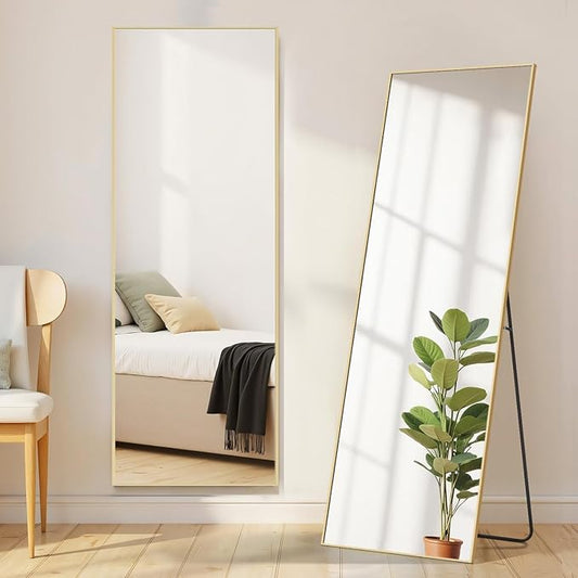 Full Length Floor Mirror, 15.75"x59" Full Body Standing Mirrors with Shatter-Proof Glass, Floor or Wall Mount, Hanging or Leaning, Aluminum Alloy Frame for Home Decor, Gold